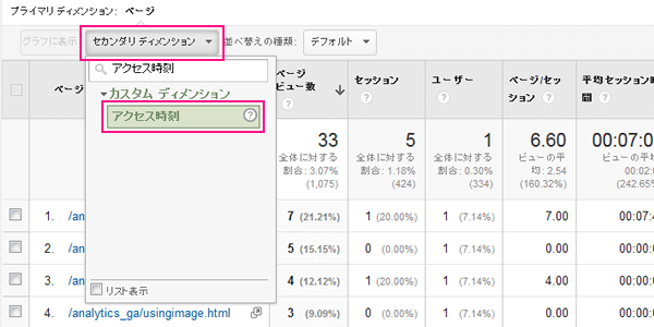 図：「セカンダリディメンション」に「アクセス時刻」を設定