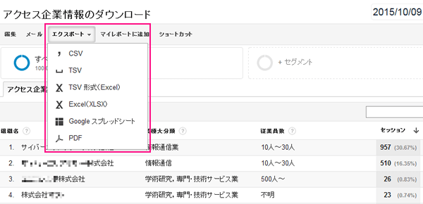 「エクスポート」からダウンロードする形式を選択する