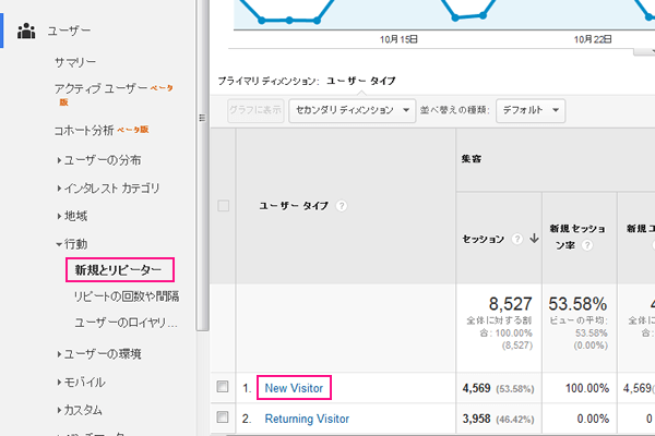 「新規とリピーター」レポートを表示し、「New Visitor」をクリック