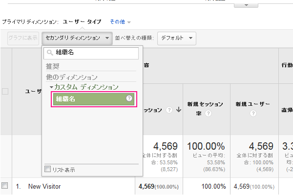 「セカンダリディメンション」から「組織名」を選択