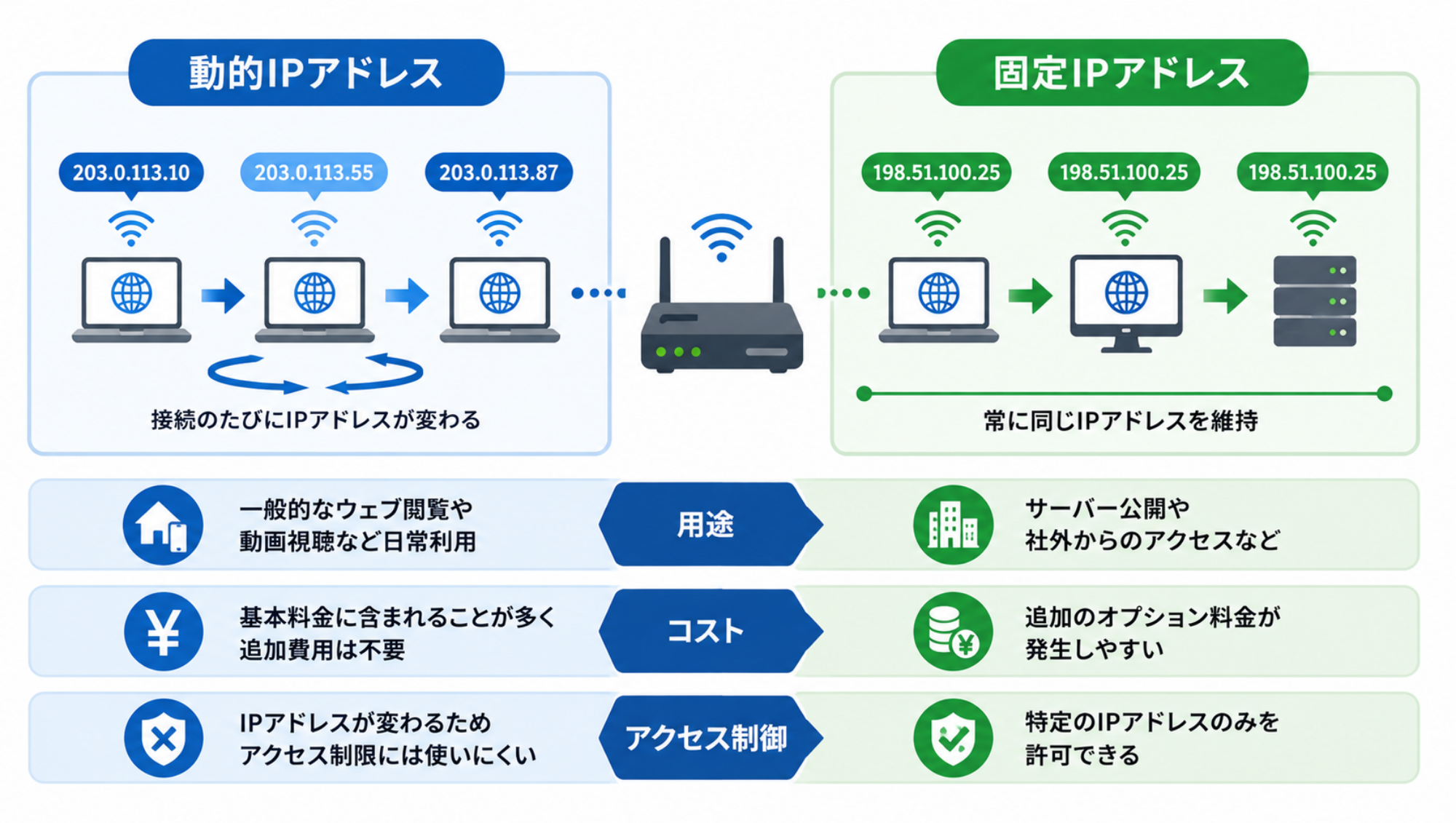 動的IPアドレスと固定IPアドレスの違いとは|比較図